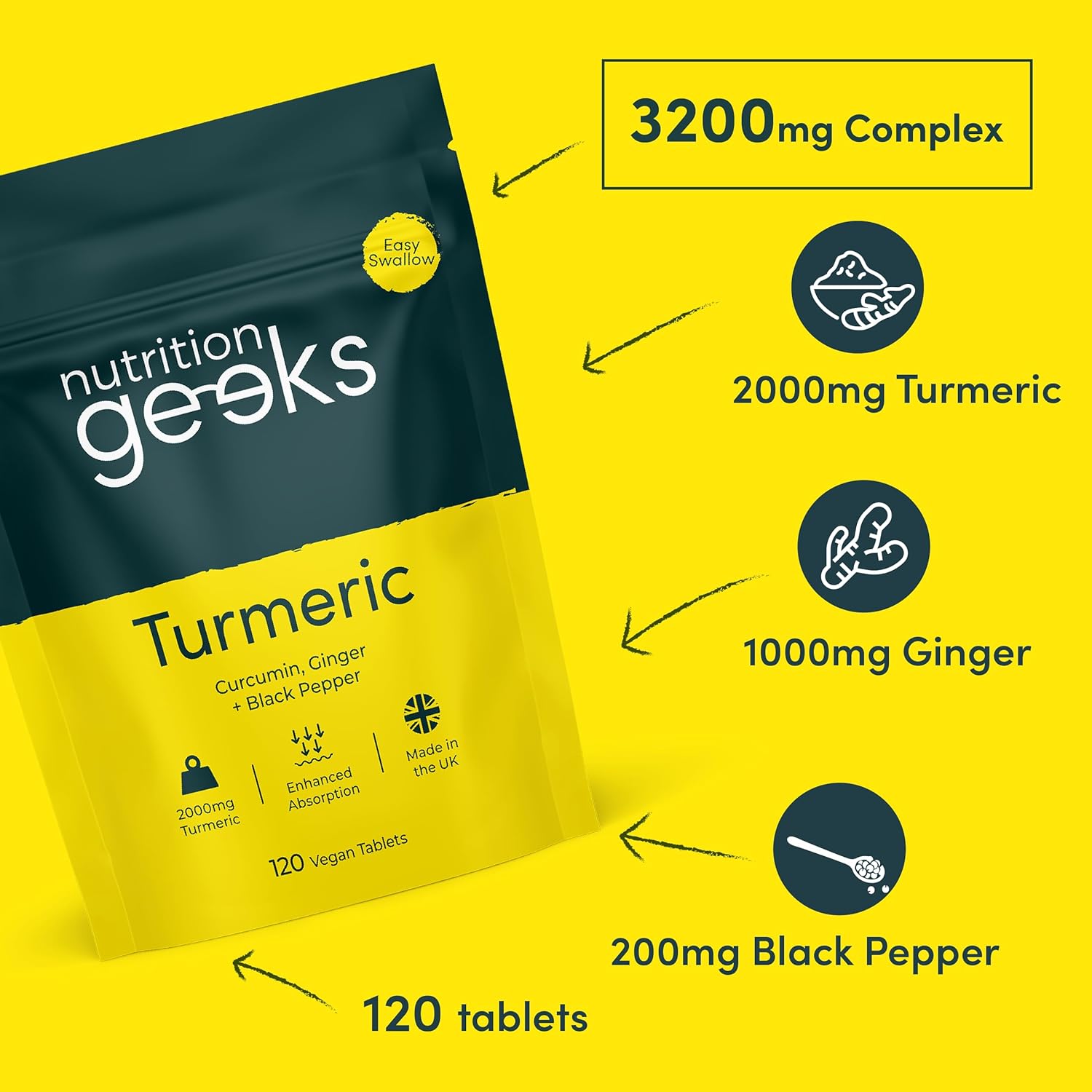 Nutrition Geeks Turmeric Tablets 2000 mg with Black Pepper & Ginger, High Strength Curcumin Supplements, Vegan and Gluten Free, UK Made, 120 Count-4