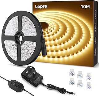 Lepro LED Strip Light Warm White 10M, 2000lm Dimmable LED Taple, 24V UK Plug in LED Strip with Dimmer Switch, 3000K Flexible Stick-on LED Lights for Bedroom, Kitchen, Cupboard, Shelf (1 Roll)