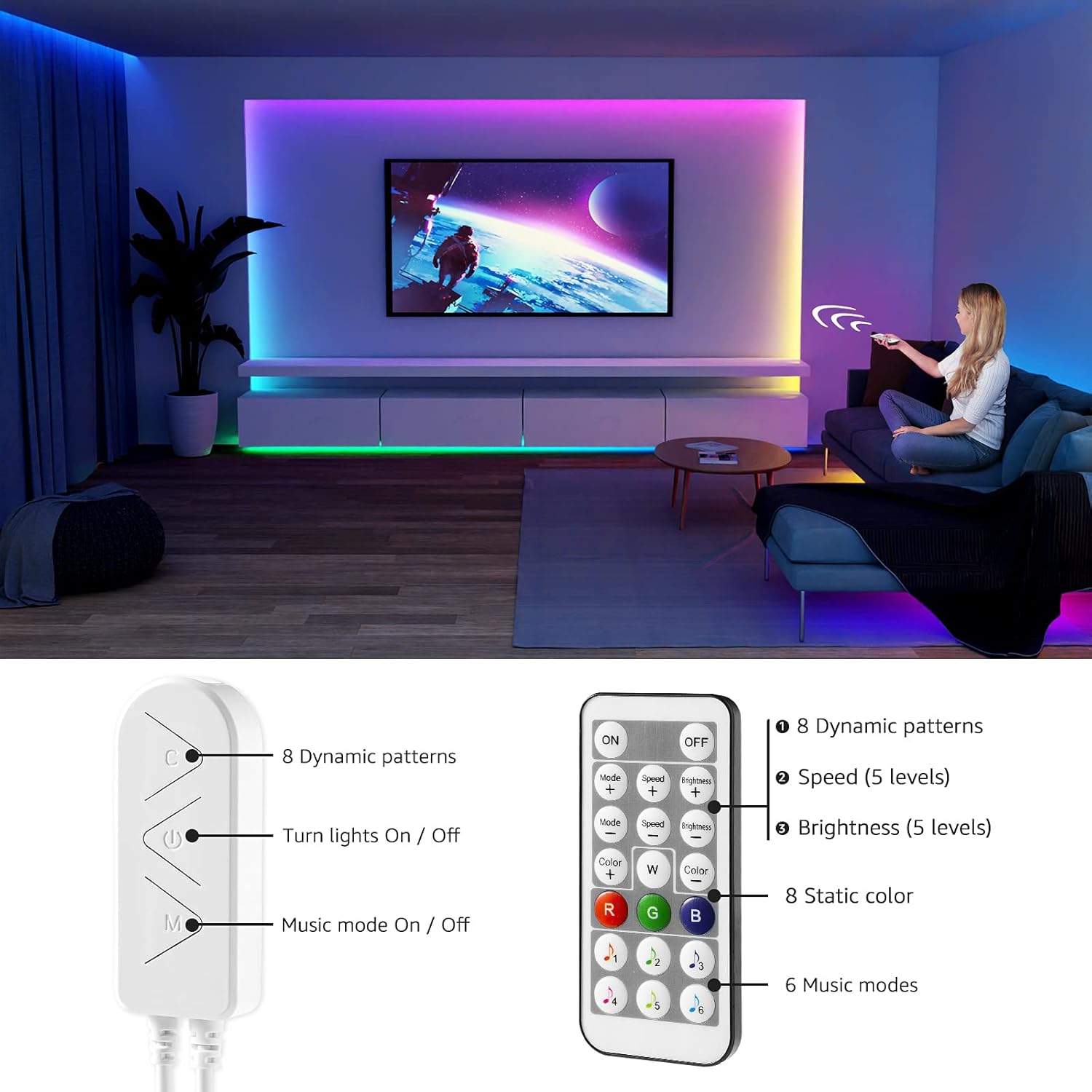 Lepro MagicColor LED Strip Light 5M 150 LEDs, Rainbow Chasing Lights, Music Sync, Multiple Colours on One Line, Remote Control LED Lights for Bedroom, Living Room, Bar, Gaming Time-7