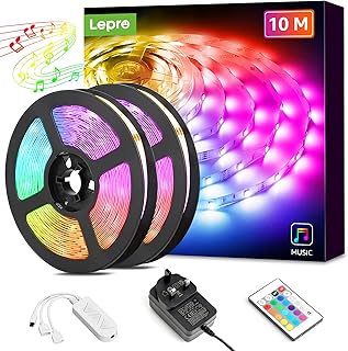 Lepro LED Strip Lights Music Sync 10M (2x5M), 5050 RGB Colour Changing LED Strip with Remote and Plug, Dimmable Stick on LED Lights for Bedroom, Kitchen, Party, Teen Girl Kids Room Decor