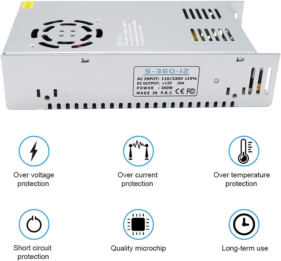 inShareplus 12V 30A 360W, DC Universal Regulated Switching Power Supply, Converter AC 110/220V to DC 12 Volt LED Driver, Transformer, Adapter for LED Strip Light, 3D Printer, Radio, Computer Project-1