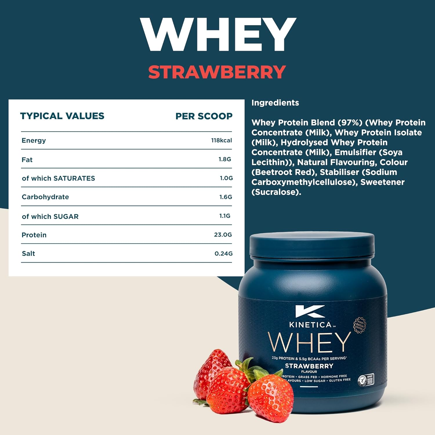 Kinetica Premium Whey Protein Powder | Grass Fed | Strawberry | 1kg | 33 Servings | Naturally Occurring Glutamine and BCAA Amino Acids | Muscle Building & Recovery-3