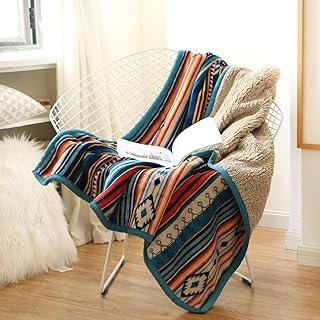 Qucover Flannel Fleece Throw Blanket Bohemian Blue Stripe Pattern Reversible Sherpa Fleece Throws for Sofa Couch Bed, Decorative Soft Comfy Blankets Small 127x152 cm