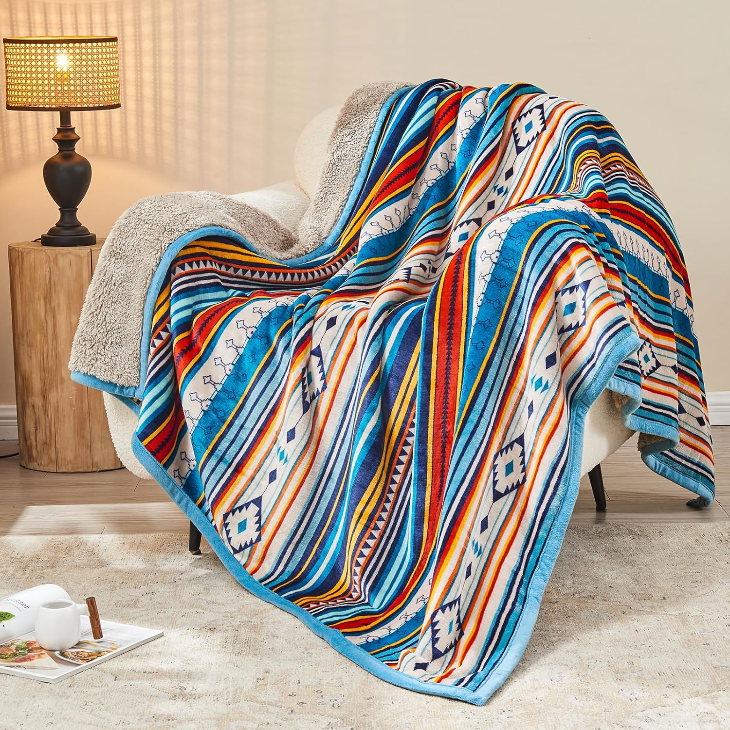 Qucover Flannel Fleece Throw Blanket Bohemian Blue Stripe Pattern Reversible Sherpa Fleece Throws for Sofa Couch Bed, Decorative Soft Comfy Blankets Small 127x152 cm-3