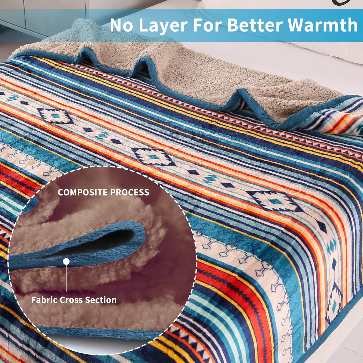 Qucover Flannel Fleece Throw Blanket Bohemian Blue Stripe Pattern Reversible Sherpa Fleece Throws for Sofa Couch Bed, Decorative Soft Comfy Blankets Small 127x152 cm-4