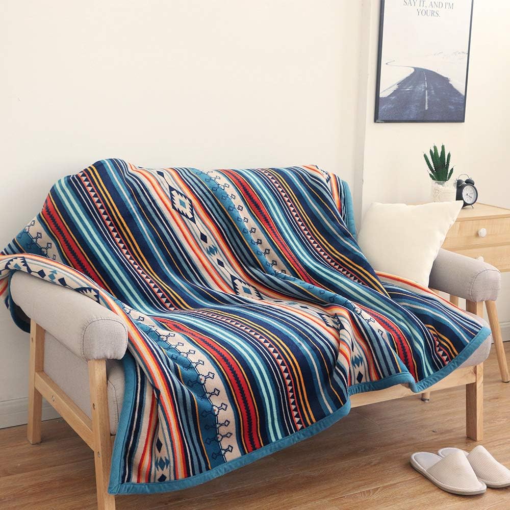 Qucover Flannel Fleece Throw Blanket Bohemian Blue Stripe Pattern Reversible Sherpa Fleece Throws for Sofa Couch Bed, Decorative Soft Comfy Blankets Small 127x152 cm-8