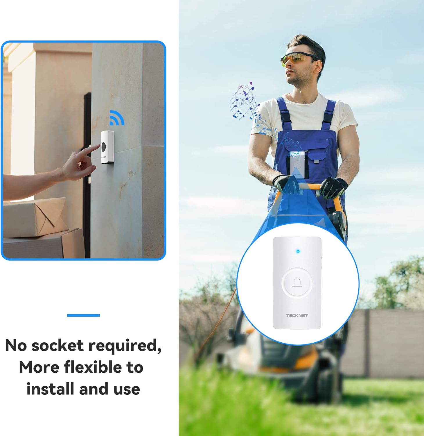 TECKNET Wireless Doorbell, Waterproof Doorbell Battery-Operated Cordless Door Chime Kit with up to 400 M Wireless Range, 5-Level Volume & 60 Chimes with 4.5 Year Battery Life-2