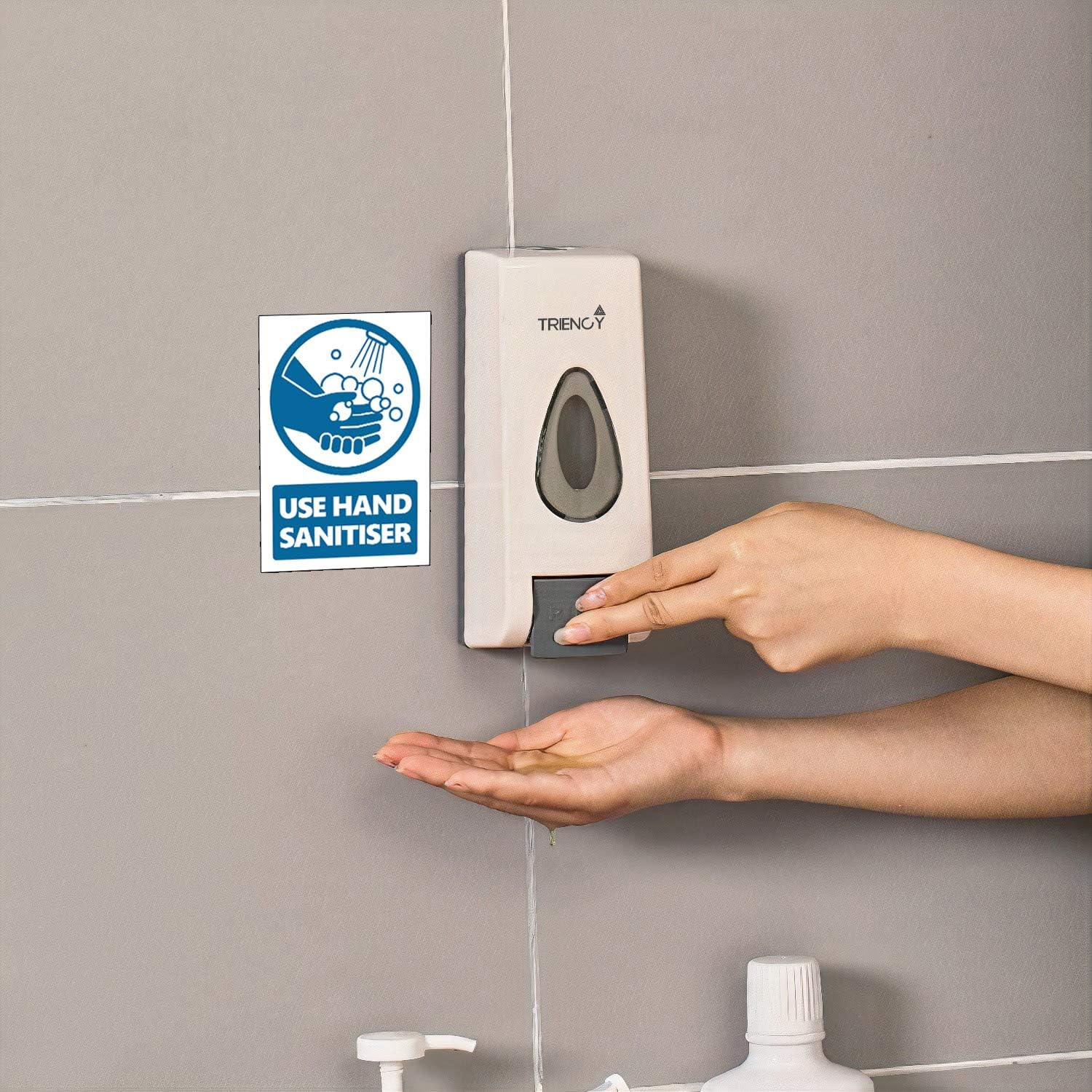 TRIENCY Soap Dispenser, Hand Sanitizer Dispenser Wall Mounted Manual 320ml, Hand Sanitiser Dispenser, Hand Wash, Hand Gel Dispenser, Bathroom Shower Gel, Shampoo, Bonus USE HAND SANITISER Sign Sticker-2