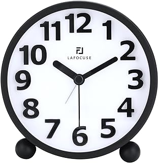 Lafocuse Black Metal Silent Alarm Clocks Bedside with Night Light Snooze Function, Retro Simple Table Desk Clock Analogue Alarm Clock Non Ticking Battery Powered 10cm Bedrooms Office Kitchen