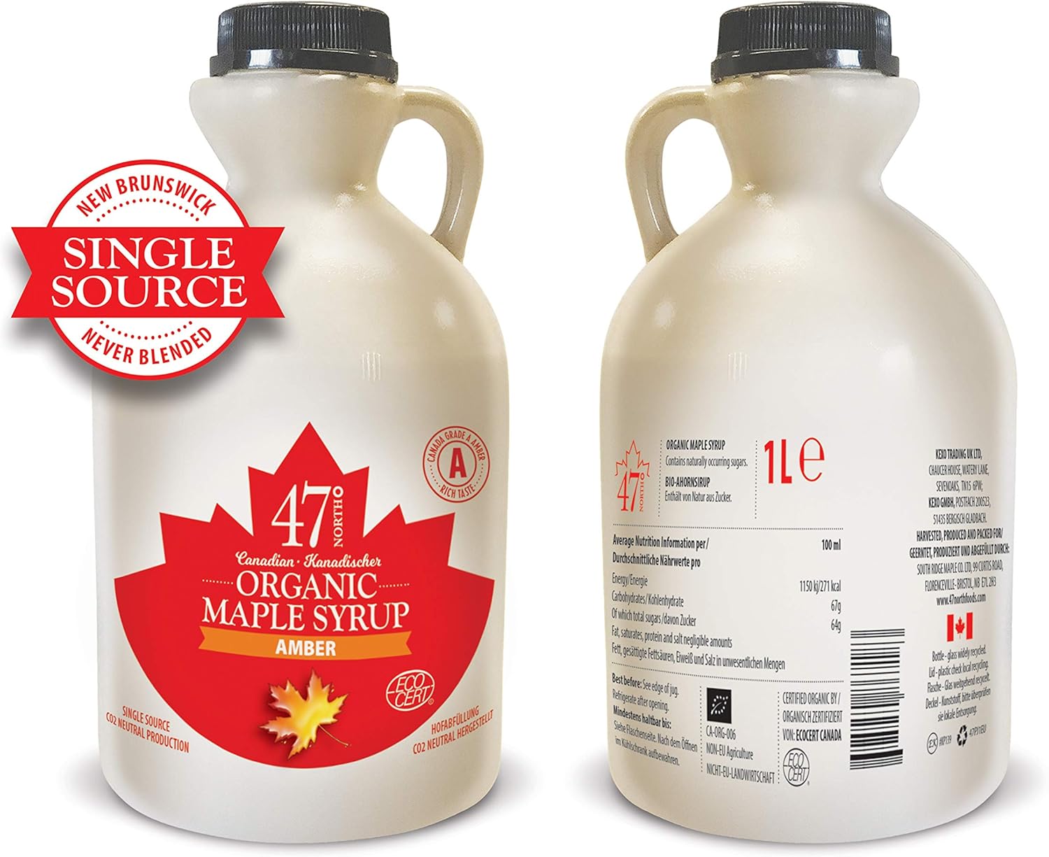 47° North Canadian Organic Maple Syrup, Single Source, Grade A, Amber Rich 1000ml vegan, gluten free for pancakes, dressing, joghurt, coffee-1