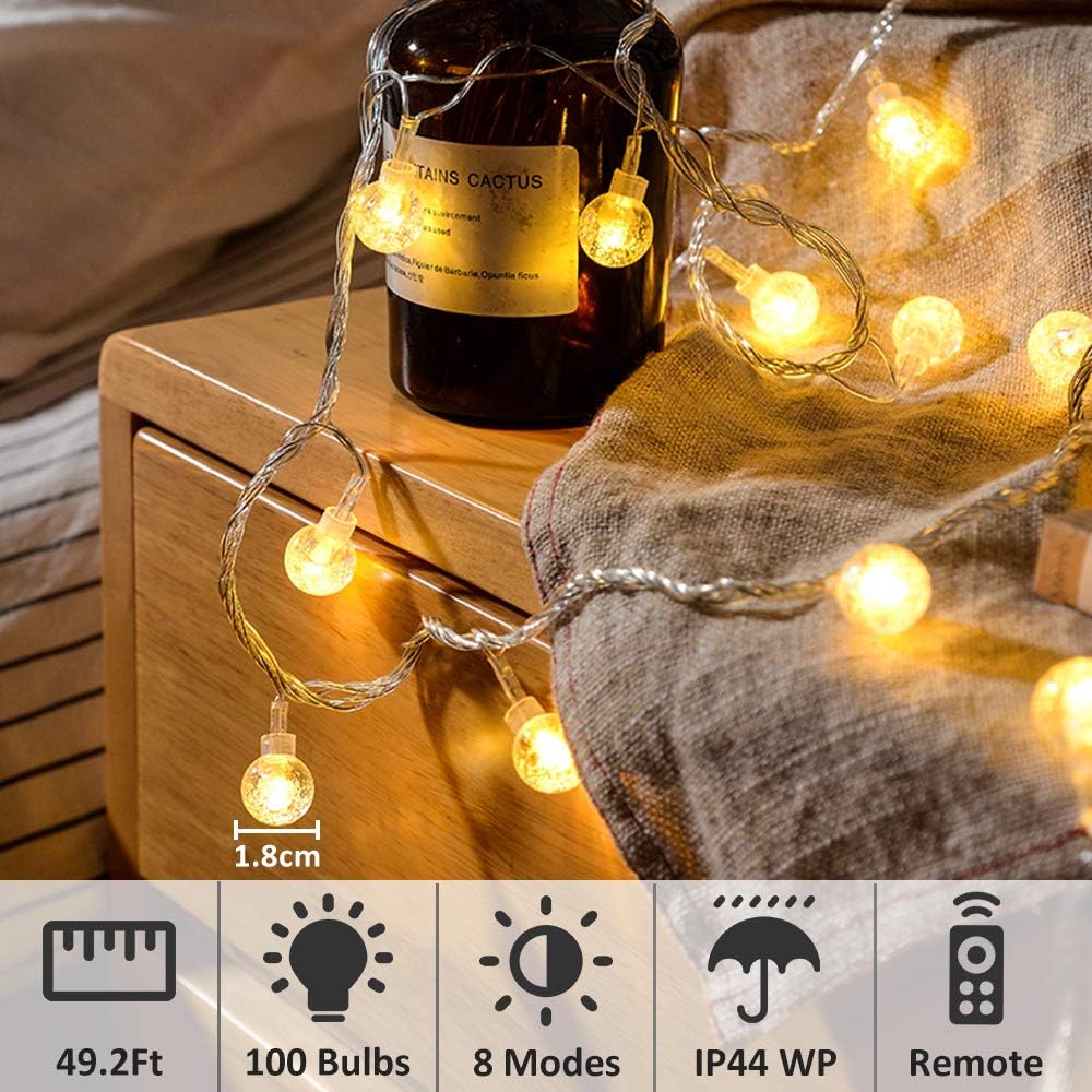 Zorela Globe Fairy Lights, 15M/49ft 100 LED Globe String Lights with Remote - USB or Battery Powered - 8 Modes - Outdoor Indoor String Fairy Lights for Christmas, Balcony, Gazebo, Garden, Camping-1