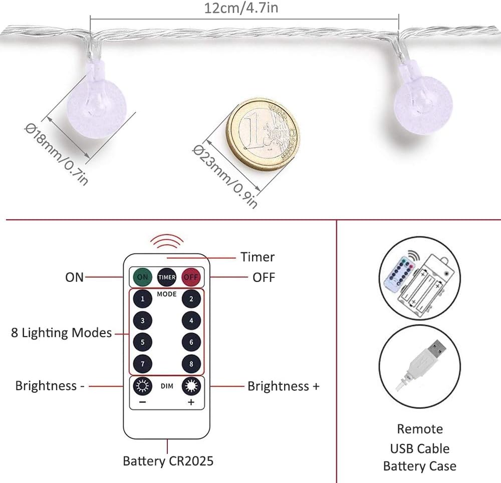 Zorela Globe Fairy Lights, 15M/49ft 100 LED Globe String Lights with Remote - USB or Battery Powered - 8 Modes - Outdoor Indoor String Fairy Lights for Christmas, Balcony, Gazebo, Garden, Camping-6