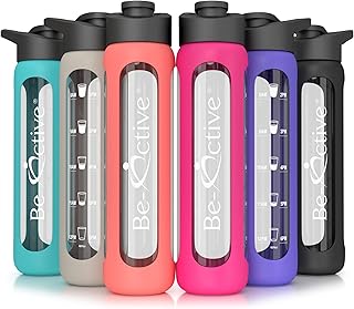 Be-Active Glass Water Bottle 700ml Flip Top with Times to Drink | Borosilicate Glass | Motivational bottles | BPA Free | Eco Friendly (Black)