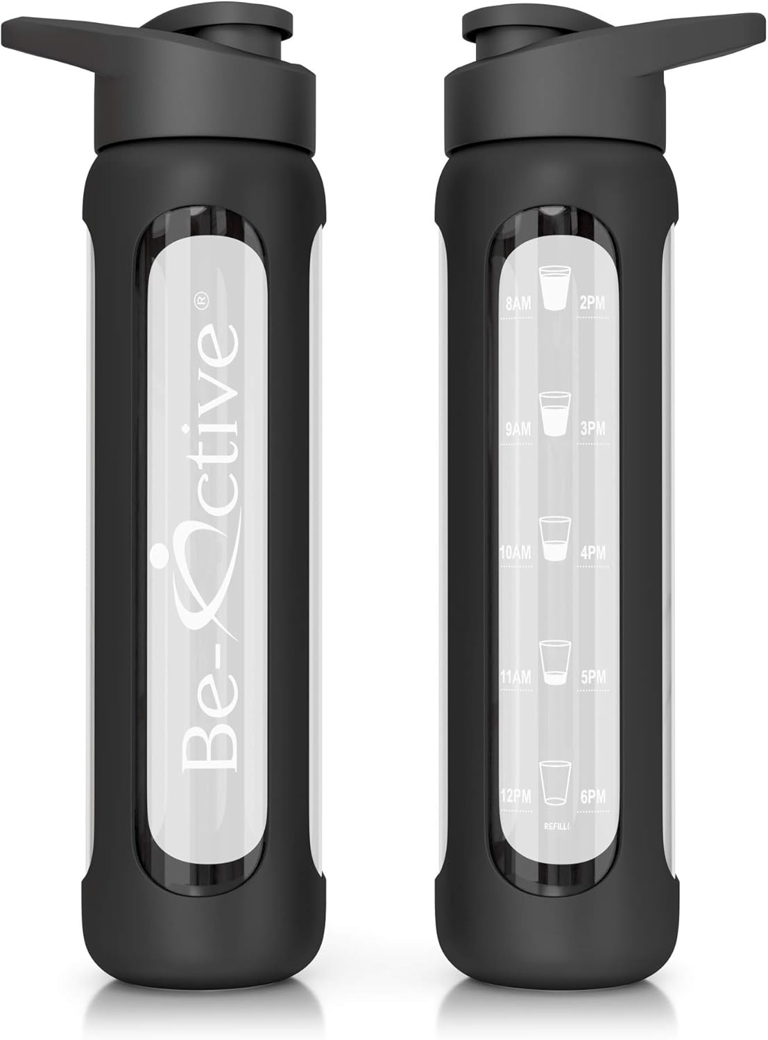 Be-Active Glass Water Bottle 700ml Flip Top with Times to Drink | Borosilicate Glass | Motivational bottles | BPA Free | Eco Friendly (Black)-1