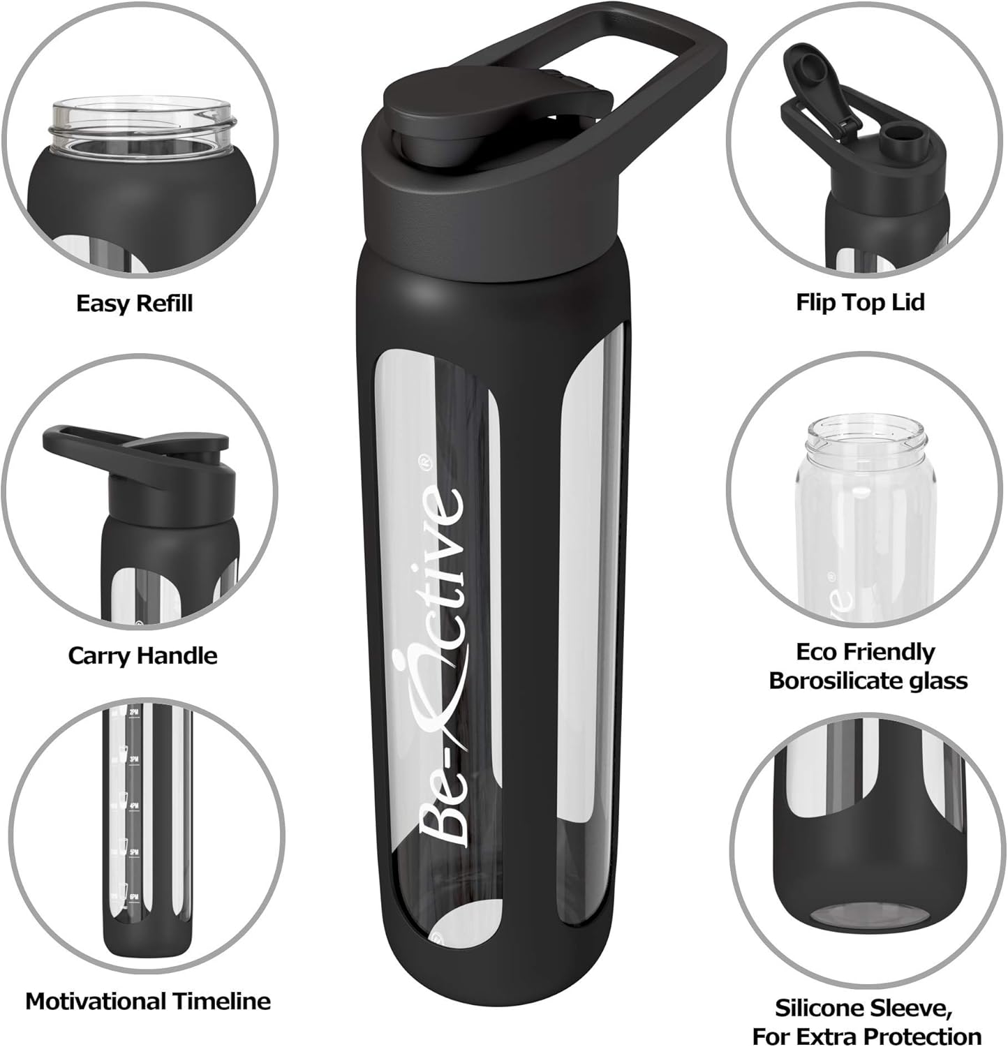 Be-Active Glass Water Bottle 700ml Flip Top with Times to Drink | Borosilicate Glass | Motivational bottles | BPA Free | Eco Friendly (Black)-2