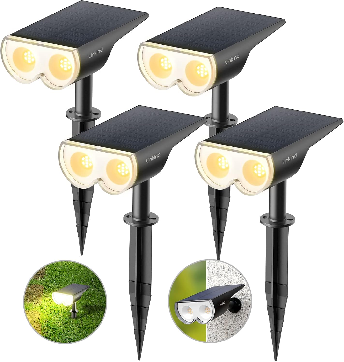 Linkind 4-Pack Solar Landscape Spotlights, 16-LED Dusk-to-Dawn 3000K Solar Outdoor Garden Lights, Warm White IP67 Waterproof Wall Lights for Garden Yard Driveway Porch Walkway-0