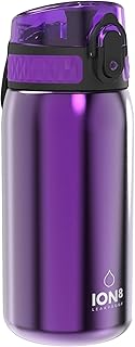 Ion8 Kids Water Bottle, Steel 400 ml/13 oz, Leak Proof, Easy to Open, Secure Lock, Dishwasher Safe, Flip Cover, Carry Handle, Easy Clean, Durable, Carbon Neutral, Metallic Purple