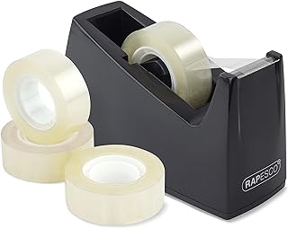 Rapesco 1619 300 Tape Dispenser and 4 Tape Rolls, Black