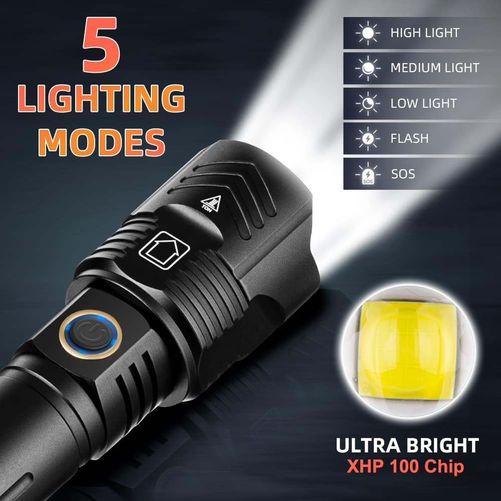 LUXJUMPER Torches LED Super Bright Rechargeable Powerful XHP100 Tactical Flashlights 90000 Lumens 5 Light Modes Zoomable Waterproof Torch for Emergency, Dog Walking, Camping, Hiking-1