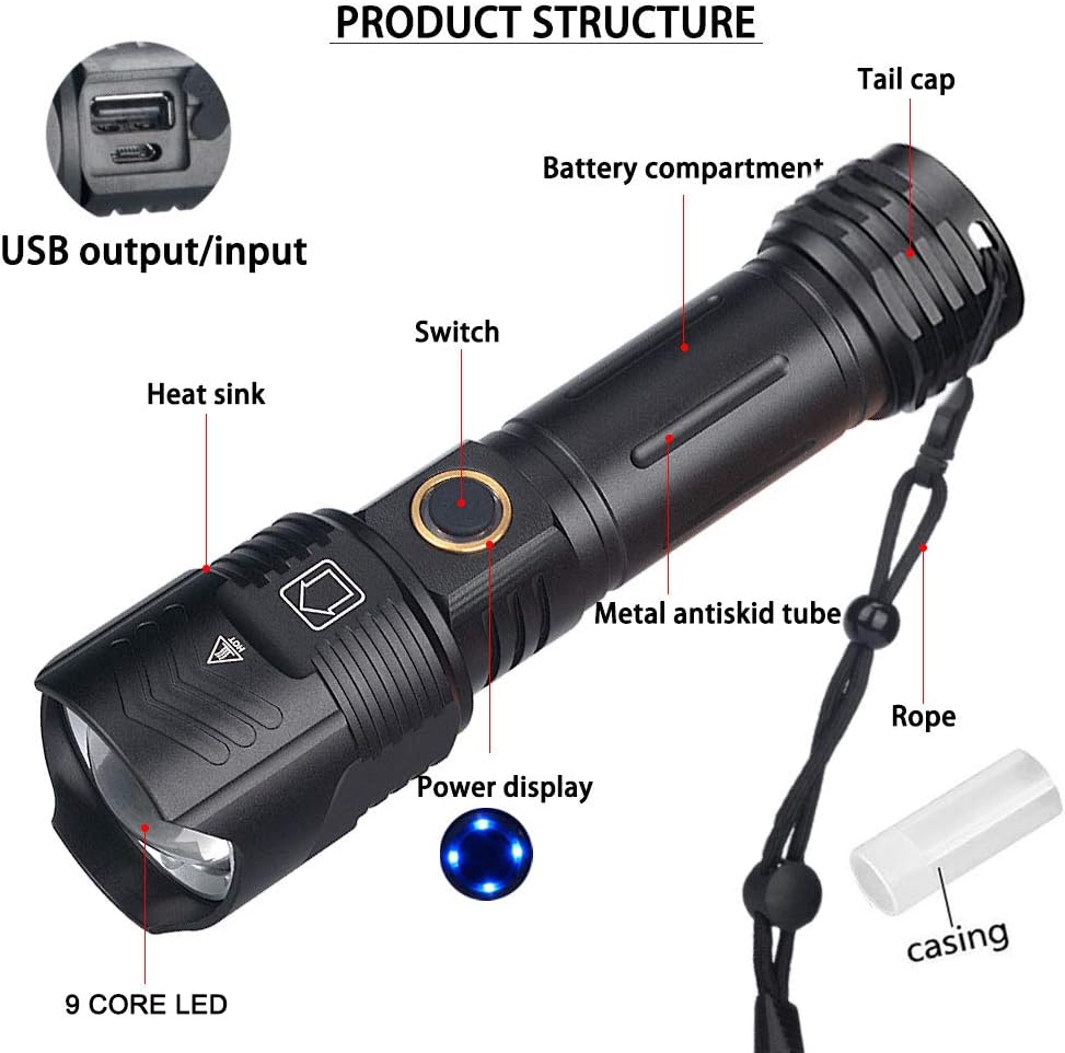 LUXJUMPER Torches LED Super Bright Rechargeable Powerful XHP100 Tactical Flashlights 90000 Lumens 5 Light Modes Zoomable Waterproof Torch for Emergency, Dog Walking, Camping, Hiking-5