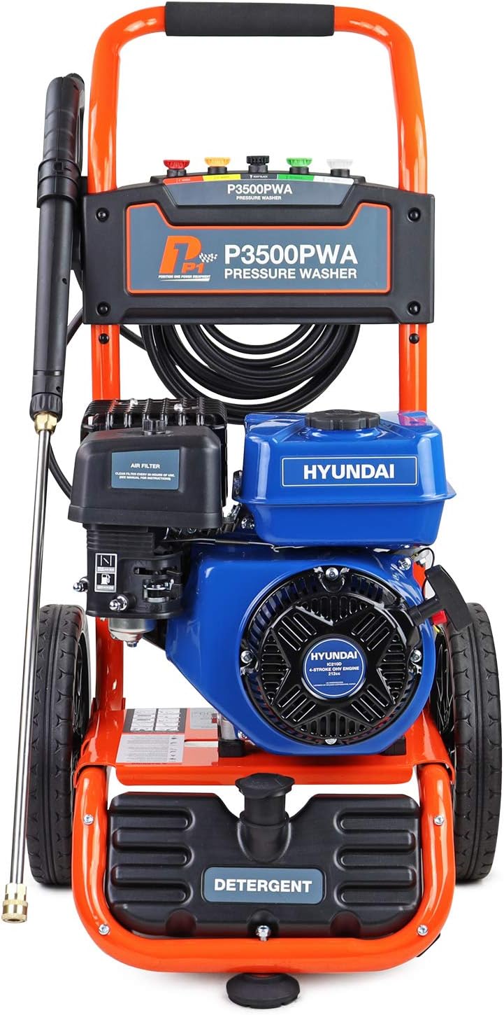 P1PE P3500PWAP1 Petrol Pressure Washer 3000psi / 207 Bar, 212cc Hyundai Engine Jet Wash with 5 Quick Release Nozzles, High Pressure Washer, Detergent Tank, 7hp,Orange-1