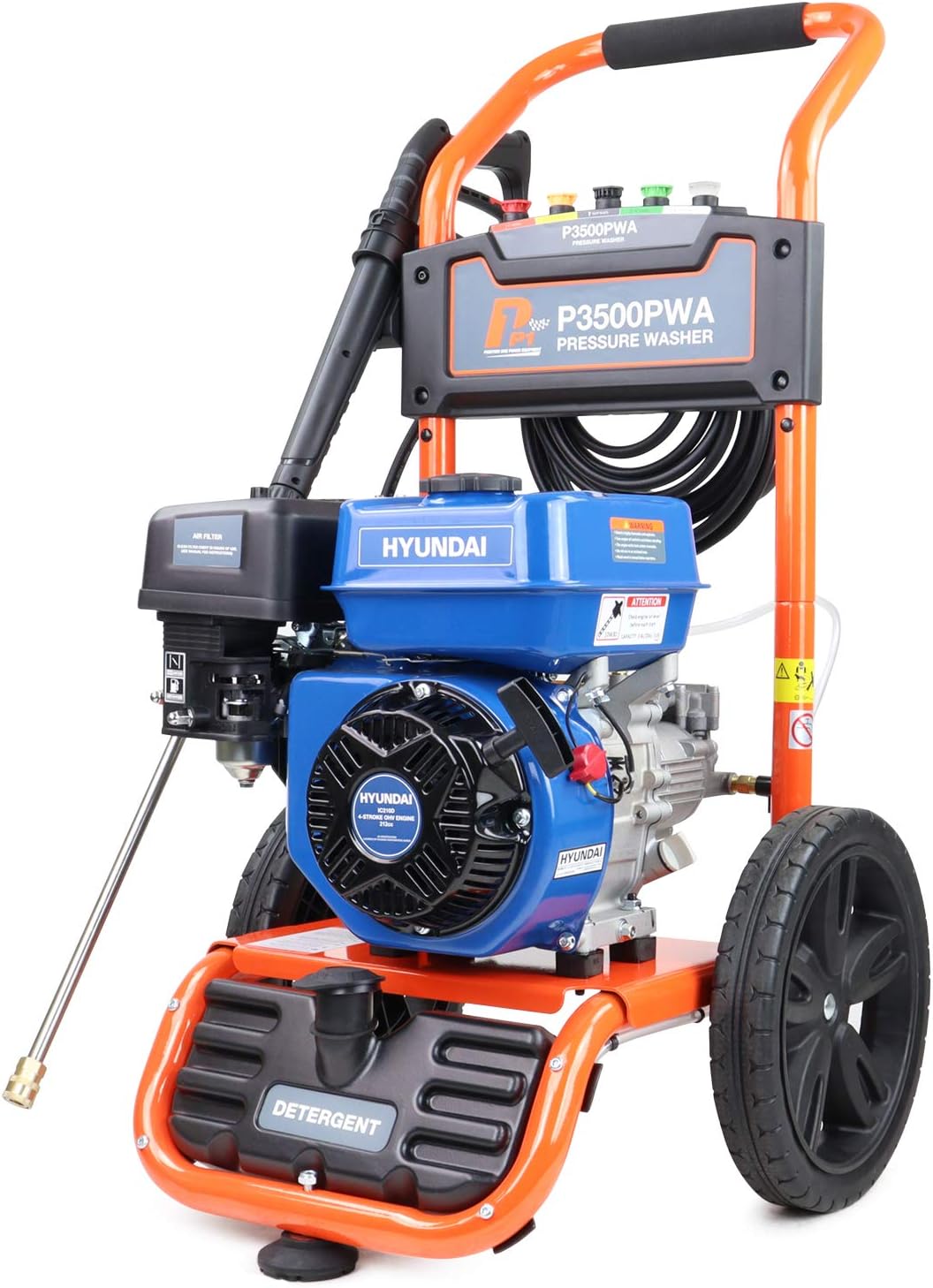 P1PE P3500PWAP1 Petrol Pressure Washer 3000psi / 207 Bar, 212cc Hyundai Engine Jet Wash with 5 Quick Release Nozzles, High Pressure Washer, Detergent Tank, 7hp,Orange-3