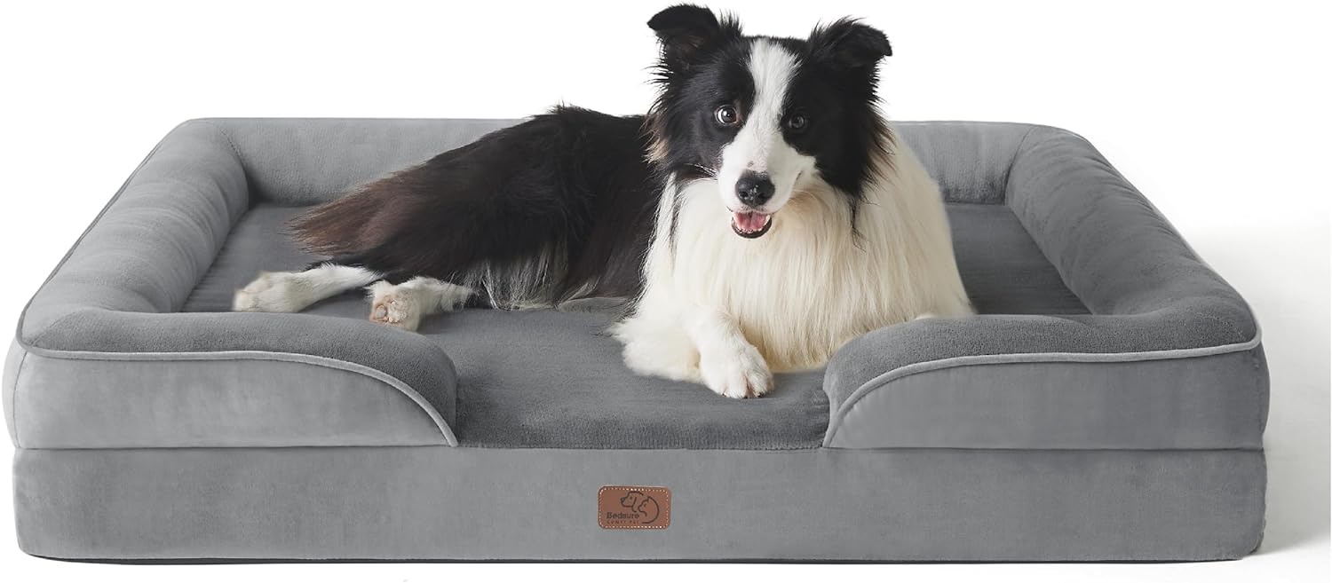 Bedsure Large Dog Bed Sofa - Washable Orthopedic Dog Beds and Couch with Removable Flannel Cover, Waterproof Dog Pillow with U-Shape Bolster, Grey Squre Pet Bed, 89x63x16cm-0