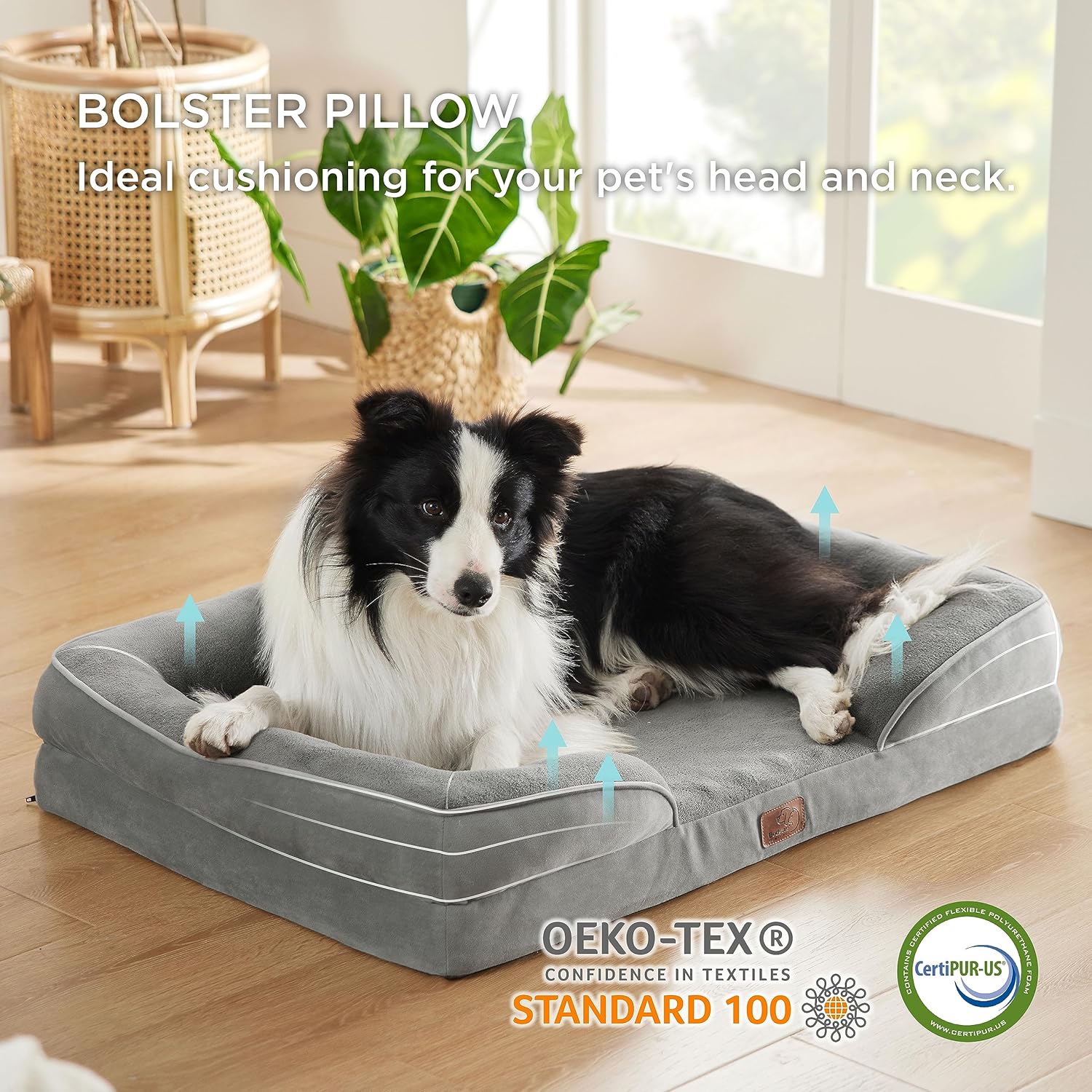 Bedsure Large Dog Bed Sofa - Washable Orthopedic Dog Beds and Couch with Removable Flannel Cover, Waterproof Dog Pillow with U-Shape Bolster, Grey Squre Pet Bed, 89x63x16cm-3