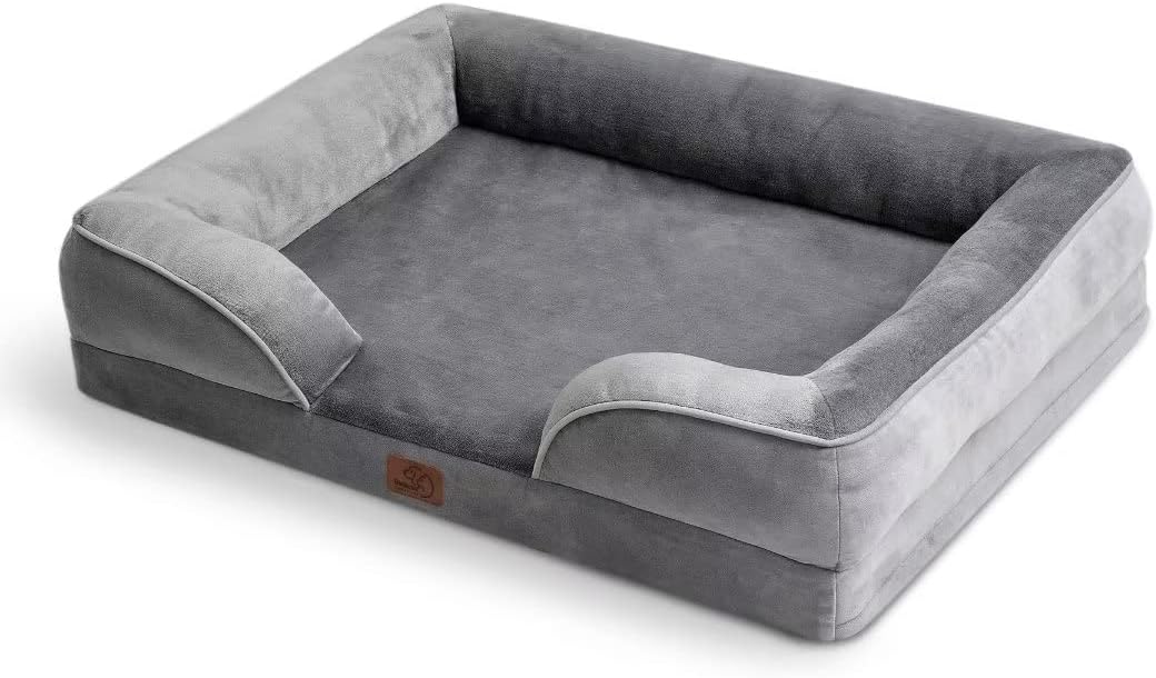 Bedsure Large Dog Bed Sofa - Washable Orthopedic Dog Beds and Couch with Removable Flannel Cover, Waterproof Dog Pillow with U-Shape Bolster, Grey Squre Pet Bed, 89x63x16cm-8