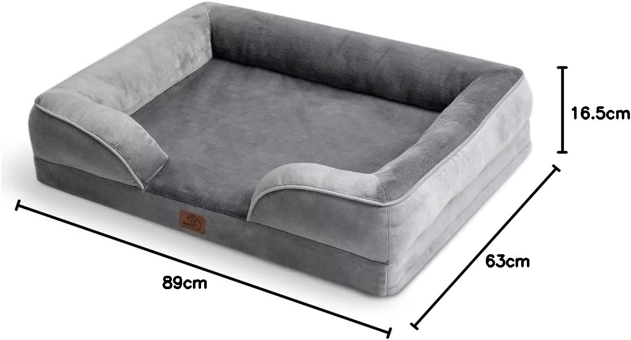 Bedsure Large Dog Bed Sofa - Washable Orthopedic Dog Beds and Couch with Removable Flannel Cover, Waterproof Dog Pillow with U-Shape Bolster, Grey Squre Pet Bed, 89x63x16cm-9