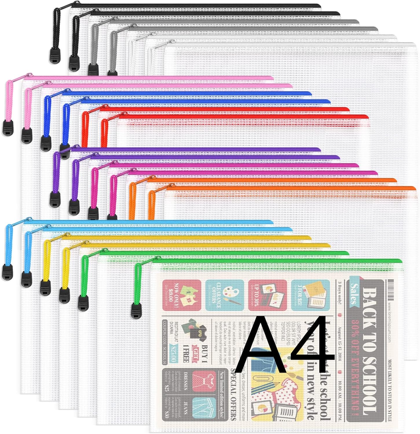 A4 Plastic Zip Folders - 24 PCS Zipper File Bags Mesh Zip Lock Document Wallet Holder Travel Storage Pouch for Office Supplies and Travel Accessories, Waterproof, A4 Size-0