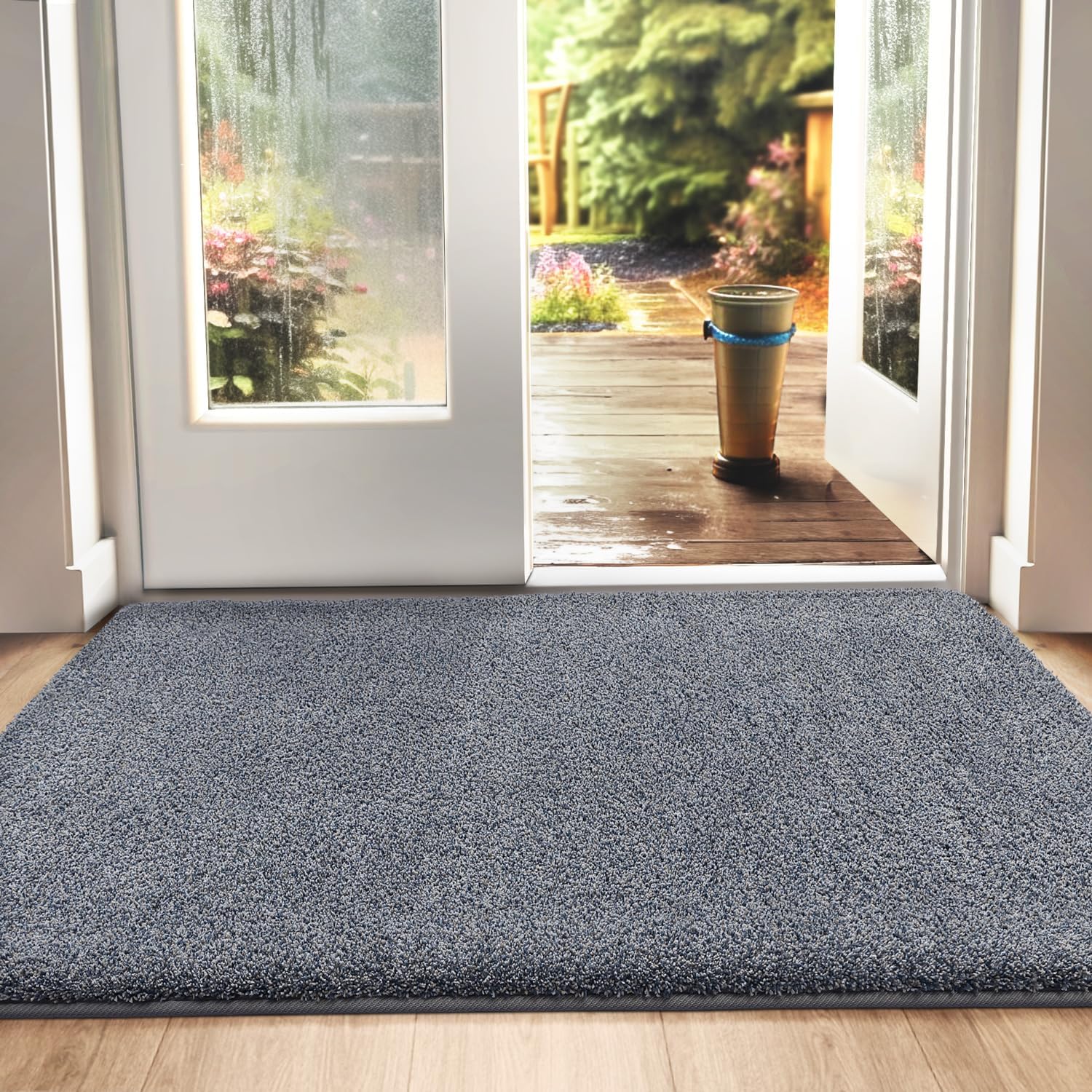 DEXI Dirt Trapper Door Mat, Non-slip Barrier Mats for Indoor and Outdoor, Super Absorbent Entrance Rug Machine Washable Soft Floor Mat Carpet, Grey-Blue, 90 x 150 cm-0