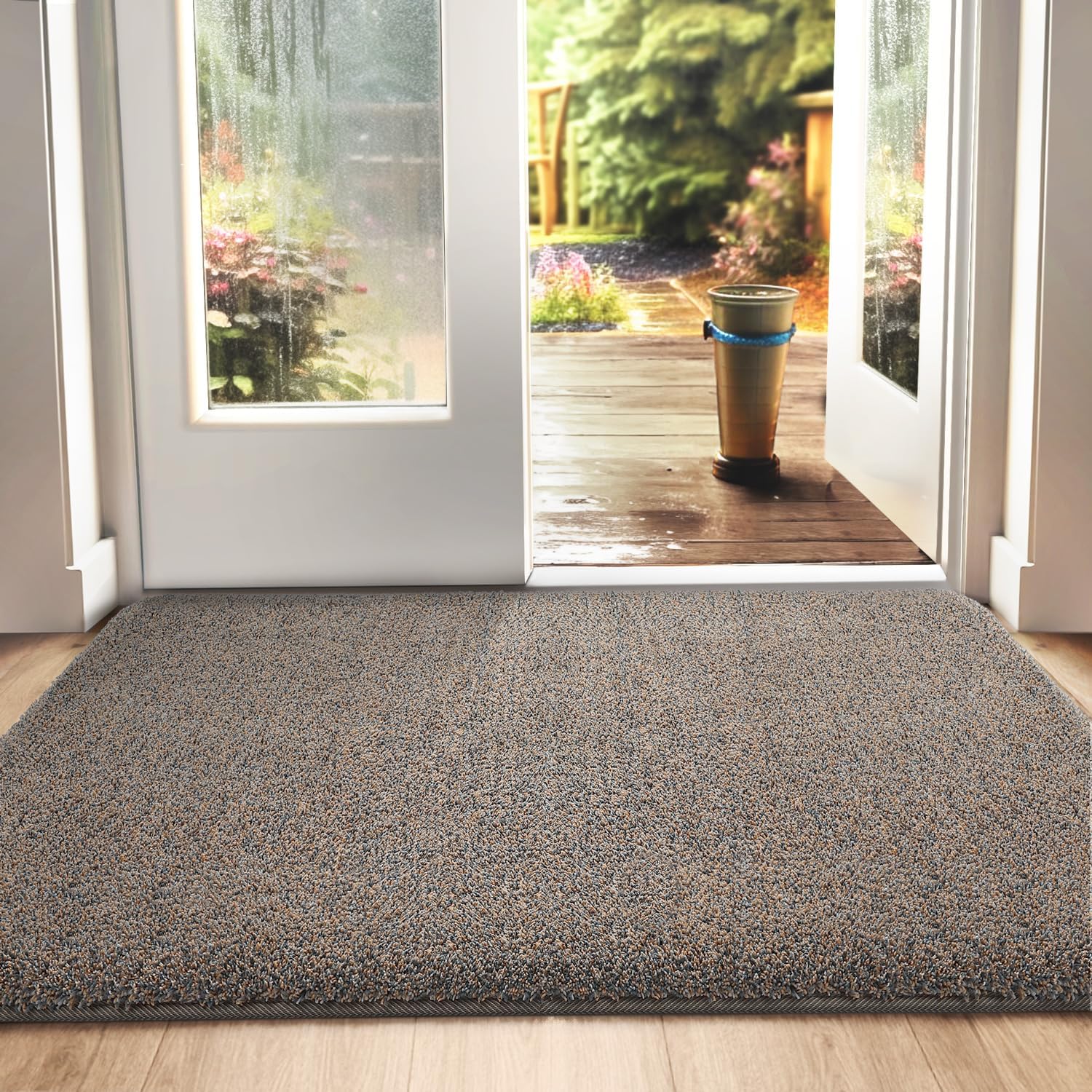 DEXI Dirt Trapper Door Mat, Non-slip Barrier Mats for Indoor and Outdoor, Super Absorbent Entrance Rug Machine Washable Soft Floor Mat Carpet, Brown-Blue, 60 x 90 cm-0