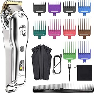 Hatteker Men’s Hair Clipper Beard Trimmer Hair Trimmer Shaver for Men Cordless Clippers Professional Barbers Grooming Kit IPX7 Waterproof, Rechargeable, Colorful Combs, Silver