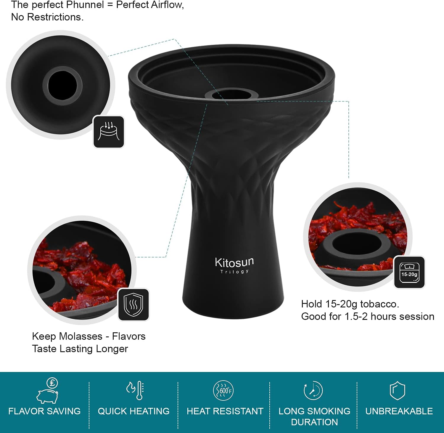 Kitosun Shisha Bowl Premium Shisha Head 70degree Silicone Larger Hookah Bowl Fits for Lotus Heat Management Device Durable Non-Broken Easy Cleaning 3" Bowl 4" Tall (Phunnel Style)-3