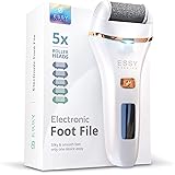 Essy Electric Foot File Pedicure Feet Hard Skin Remover Foot Scraper Dry Dead Skin Remover Callus Exfoliator Rechargeable Feet Scrubber with 5 Replacement Rollers Foot Care Skin Removers (White, EN)