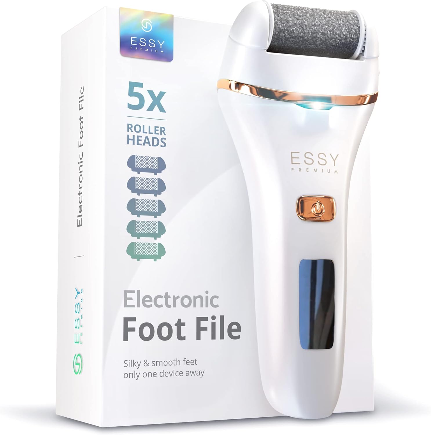 Essy Electric Foot File Pedicure Feet Hard Skin Remover Foot Scraper Dry Dead Skin Remover Callus Exfoliator Rechargeable Feet Scrubber with 5 Replacement Rollers Foot Care Skin Removers (White, EN)-0