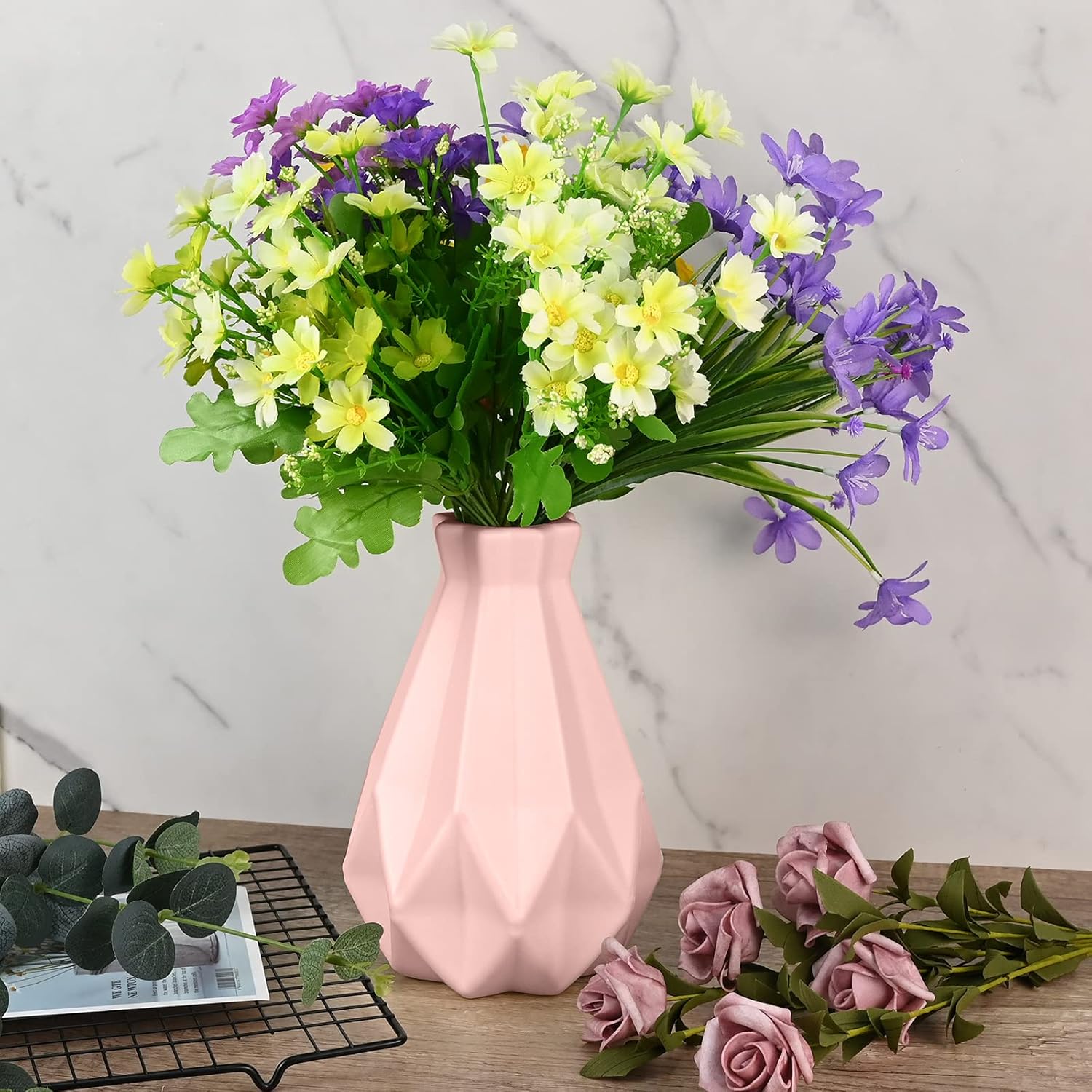 Vase, Vase Creative Plastic Vase, Living Room Ornaments Vase Hydroponic Creative Flower Arrangement, Pink Geometric Desktop Decorative Vase-1