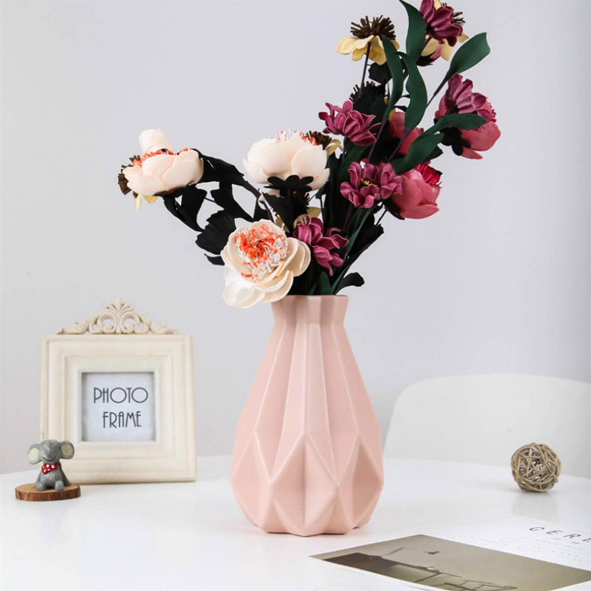 Vase, Vase Creative Plastic Vase, Living Room Ornaments Vase Hydroponic Creative Flower Arrangement, Pink Geometric Desktop Decorative Vase-3