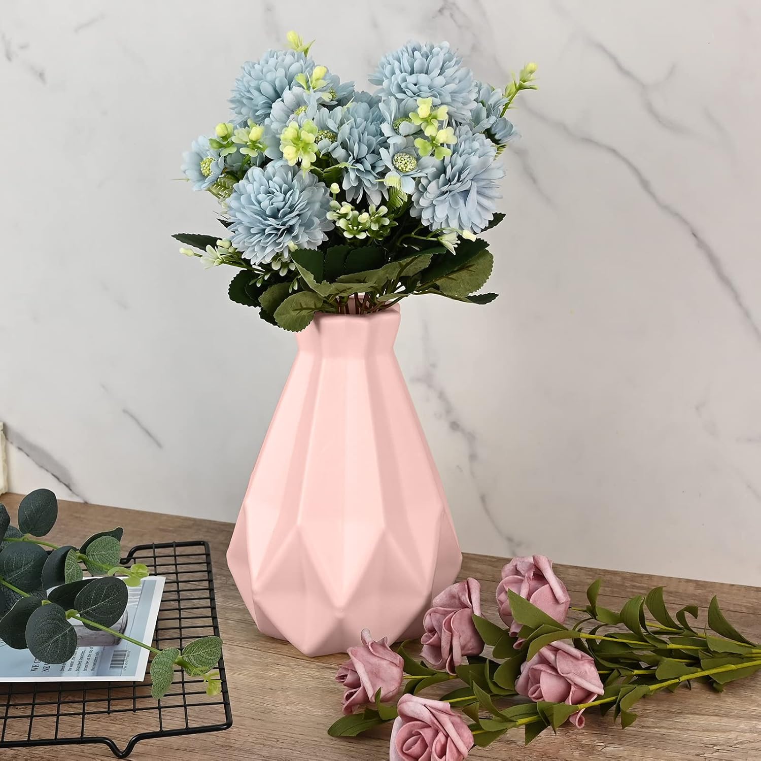 Vase, Vase Creative Plastic Vase, Living Room Ornaments Vase Hydroponic Creative Flower Arrangement, Pink Geometric Desktop Decorative Vase-6