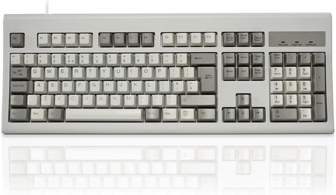 PERIXX PERIBOARD-106M, Wired Performance Full-Size USB Keyboard, Curved Ergonomic Keys, Classic Retro Gray/White Color, UK QWERTY-0