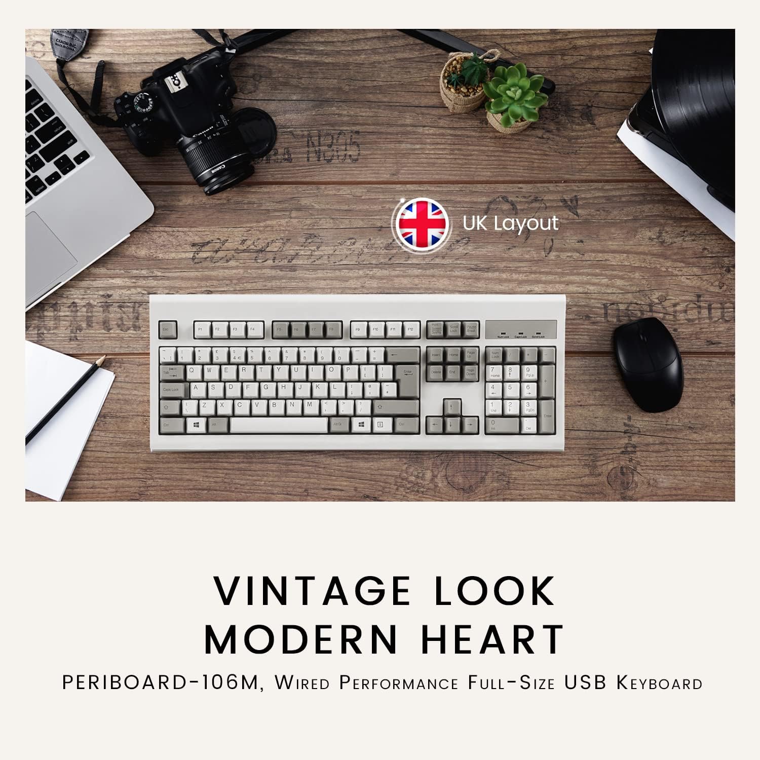 PERIXX PERIBOARD-106M, Wired Performance Full-Size USB Keyboard, Curved Ergonomic Keys, Classic Retro Gray/White Color, UK QWERTY-1