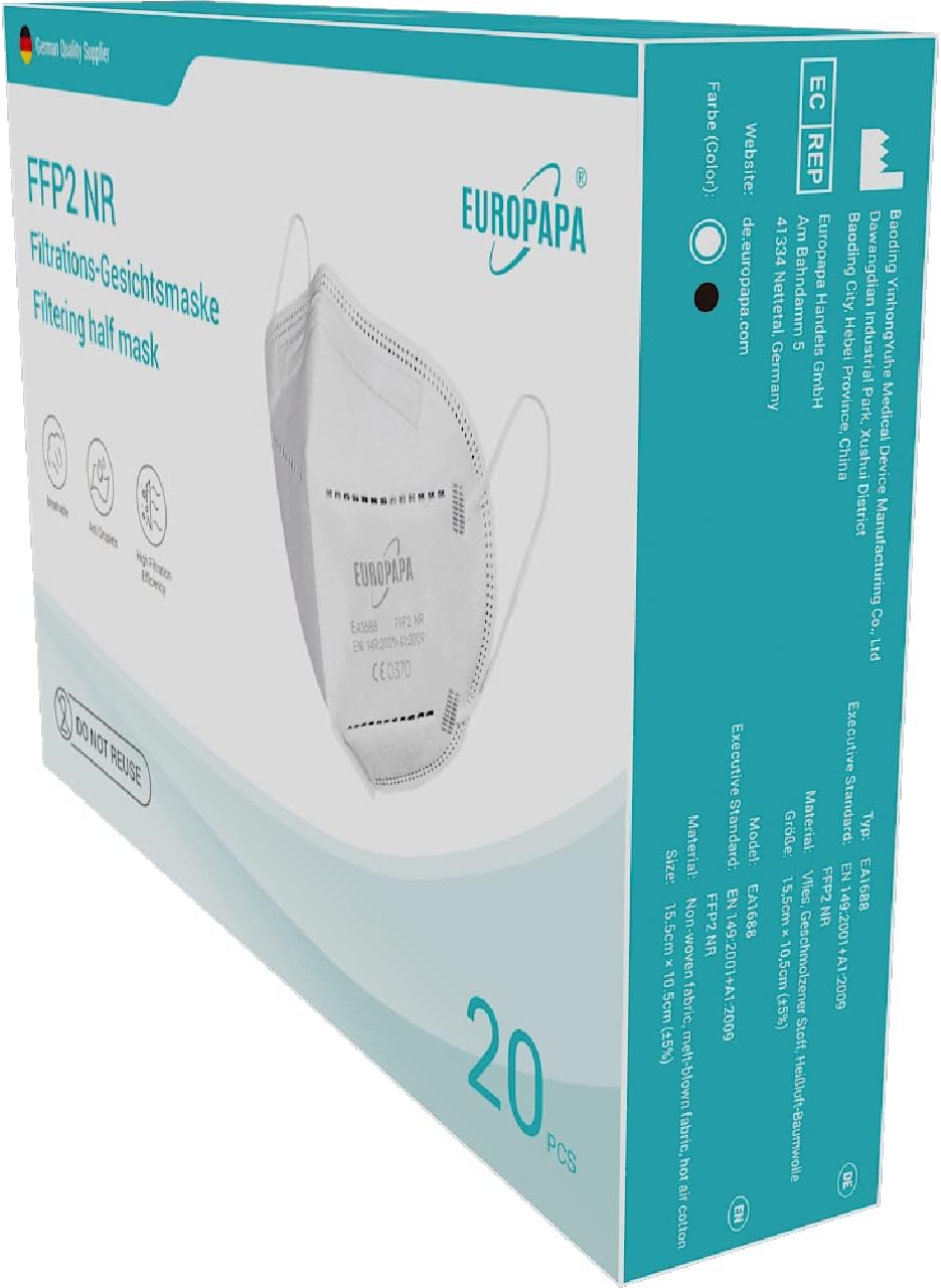 EUROPAPA 20x FFP2 Colorful Masks Respirator Mask 5-Layer Dust Masks Hygienically Individually Packed Body Certified EN149:2001+A1:2009 Mouth Mask EU2016/425-1