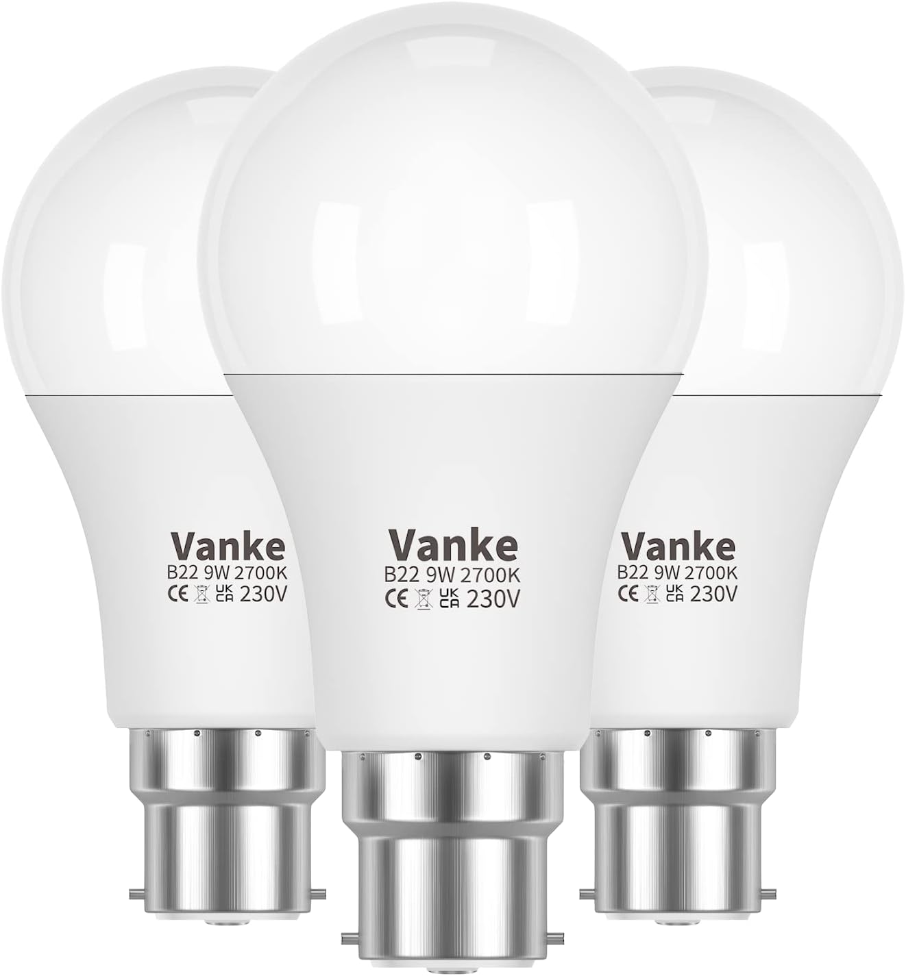 Vanke Bayonet Light Bulb 60w Equivalent, B22 LED Bulbs Warm White 2700K Yellow Light, Non-Dimmable 9w Energy Saver Lightbulb, 806 Lumen, 3-Pack-0