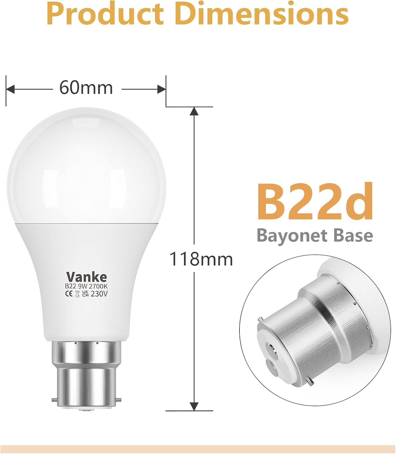 Vanke Bayonet Light Bulb 60w Equivalent, B22 LED Bulbs Warm White 2700K Yellow Light, Non-Dimmable 9w Energy Saver Lightbulb, 806 Lumen, 3-Pack-2