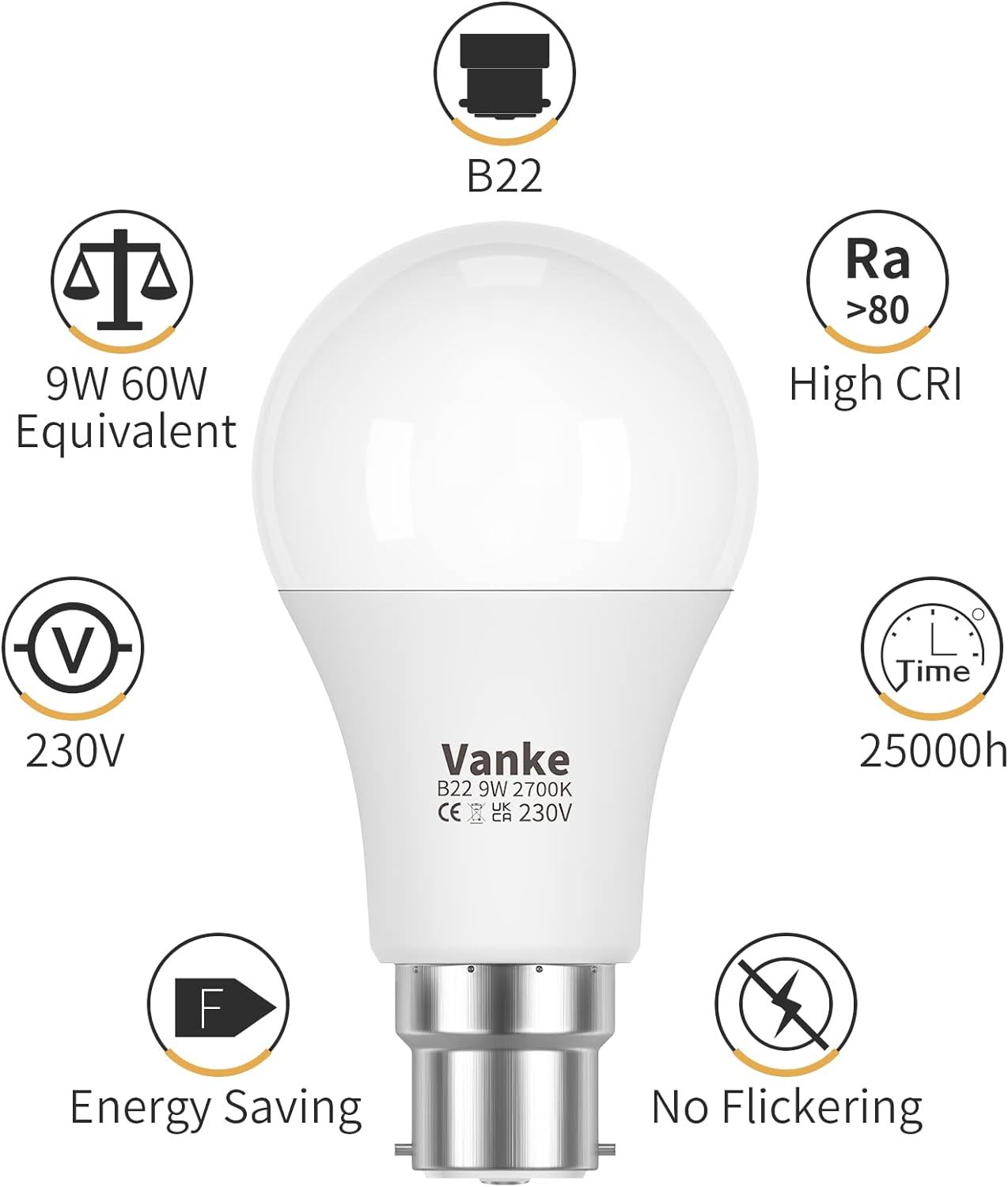 Vanke Bayonet Light Bulb 60w Equivalent, B22 LED Bulbs Warm White 2700K Yellow Light, Non-Dimmable 9w Energy Saver Lightbulb, 806 Lumen, 3-Pack-3