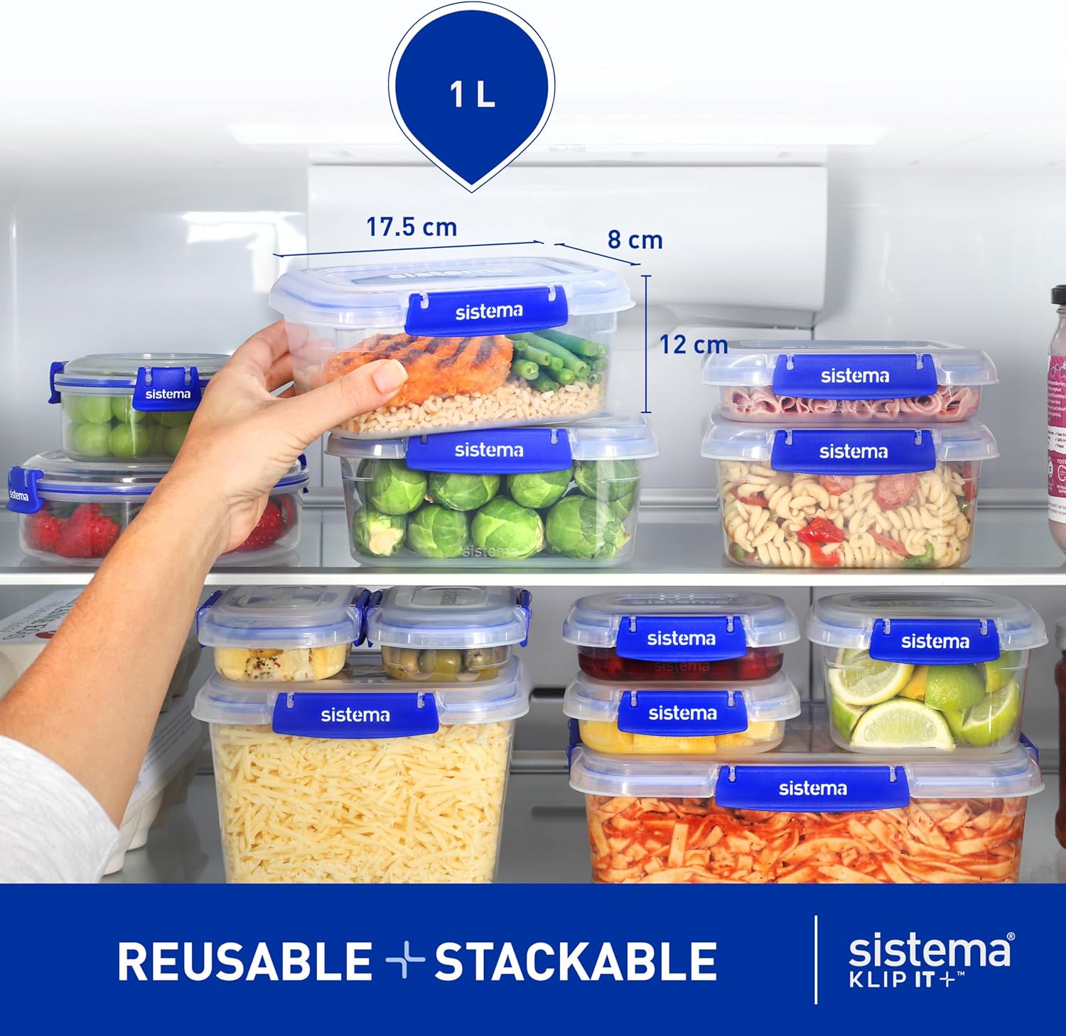 Sistema KLIP IT PLUS Leakproof Food Storage Containers | 1 L | Airtight, Stackable & Nestable Meal Prep Containers with Lids | School Lunch Boxes | BPA-Free | 3 Count-2