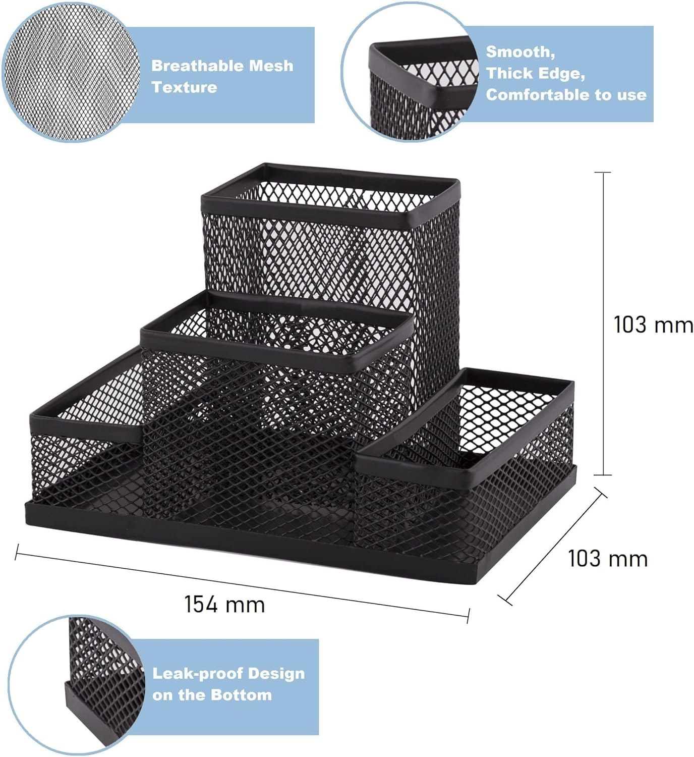 D.RECT Desk Organiser, Pen Holder, Metal Desk Organiser, Office Tray with Memo Holder, Mesh 103 x 154 x 103 mm, Black, (110446)-2