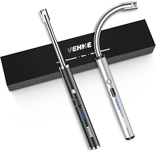 VEHHE Candle Lighter, 2 Pack Rechargeable Electric Lighter with LED Battery Display Safety Switch, Flexible Neck USB Lighter for Candles Camping Grill Gas Stoves Cooking (Black and Silver)