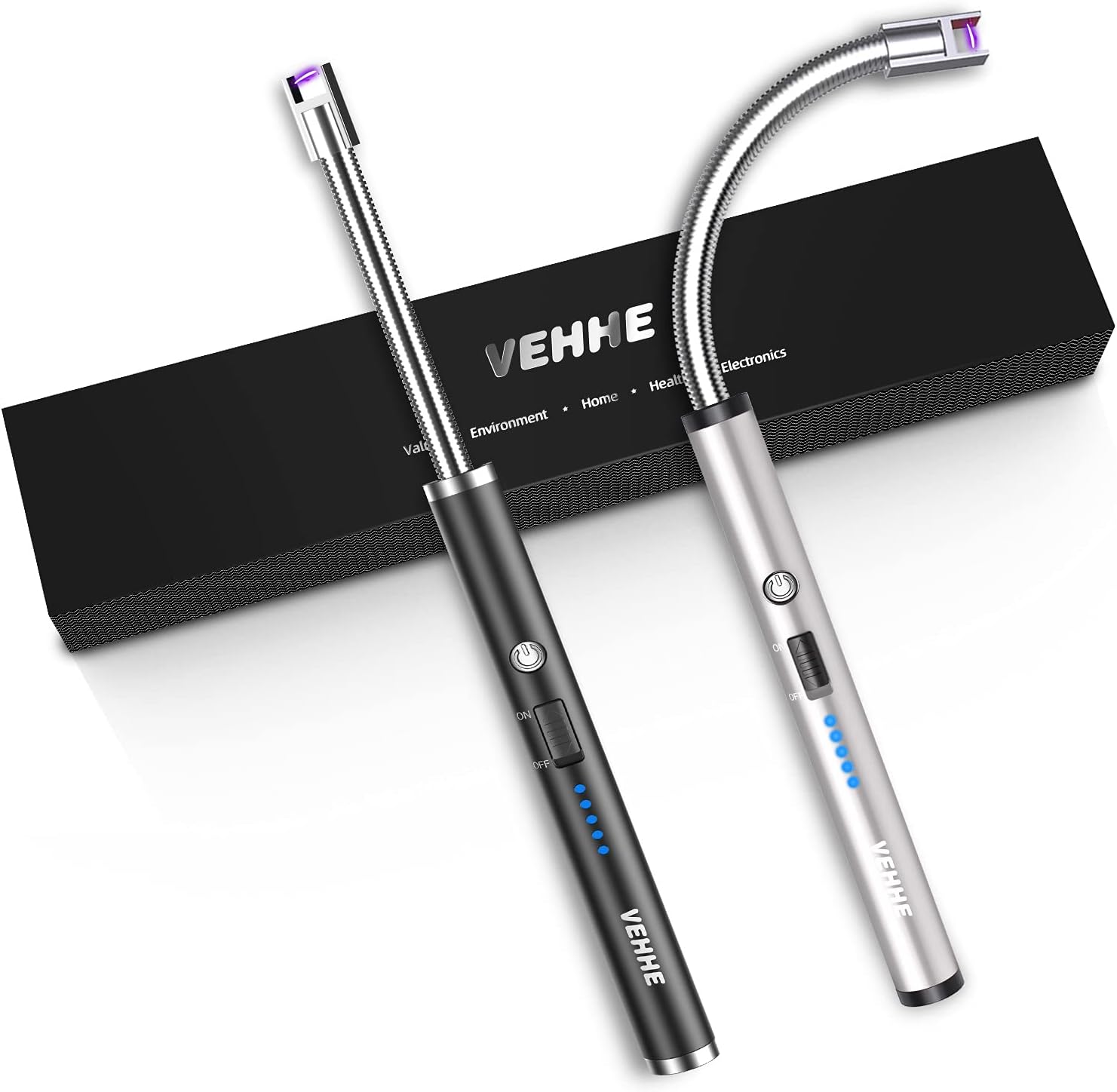 VEHHE Candle Lighter, 2 Pack Rechargeable Electric Lighter with LED Battery Display Safety Switch, Flexible Neck USB Lighter for Candles Camping Grill Gas Stoves Cooking (Black and Silver)-0